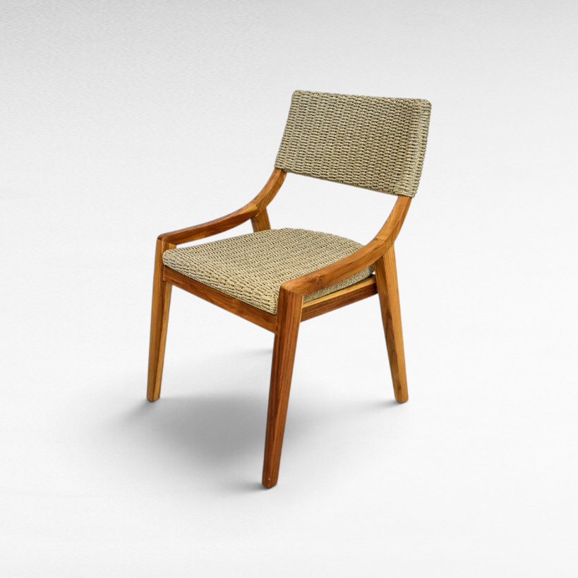 Chora Barefoot Luxury Living teak wood chair with woven synthetic rattan seat and backrest in a natural finish.