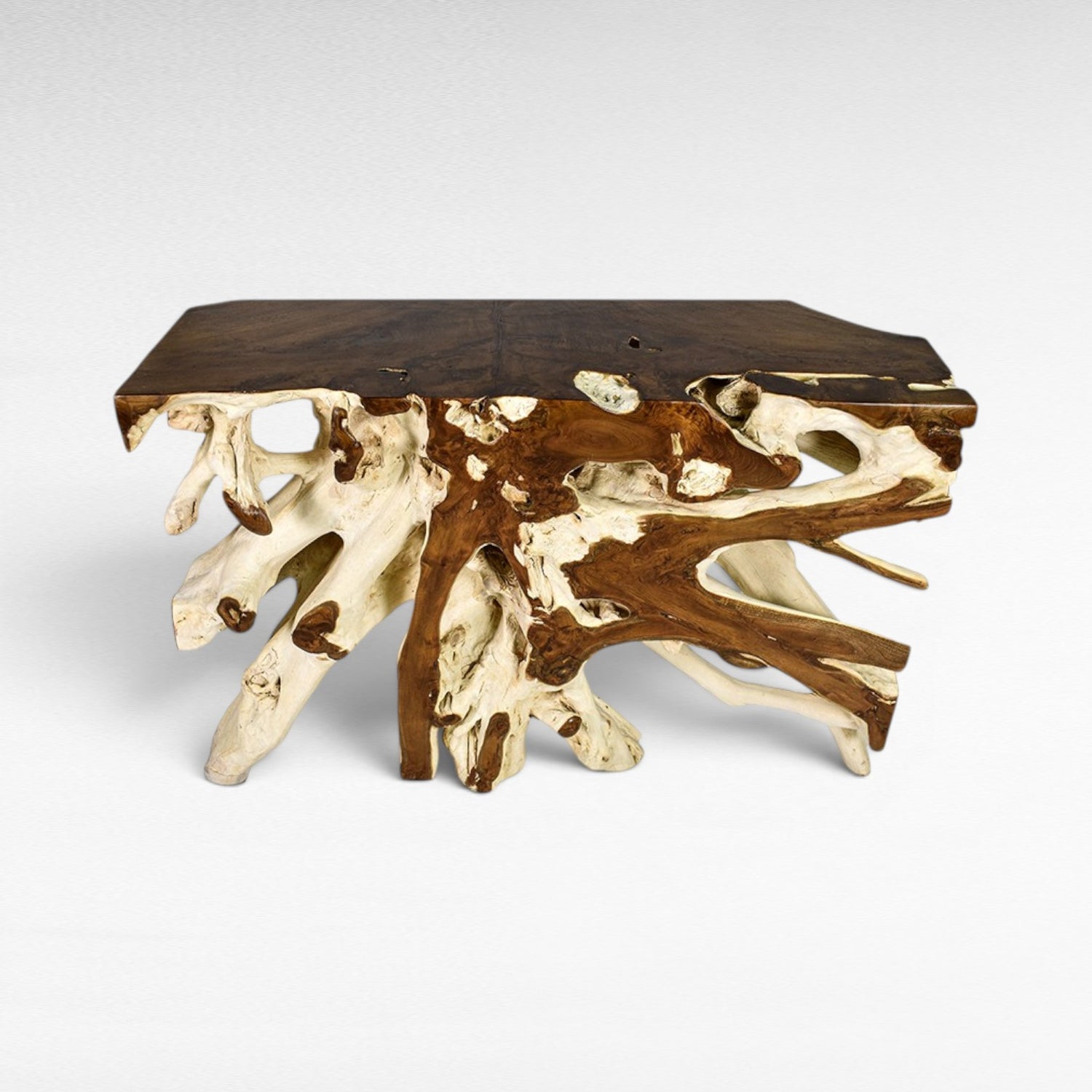 Chora Barefoot Luxury Living bleached and natural teak wood console table with organic root base.