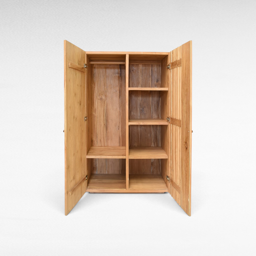 Chora Barefoot Luxury Living handcrafted teak wood wardrobe with open doors, hanging rail, and adjustable shelving.