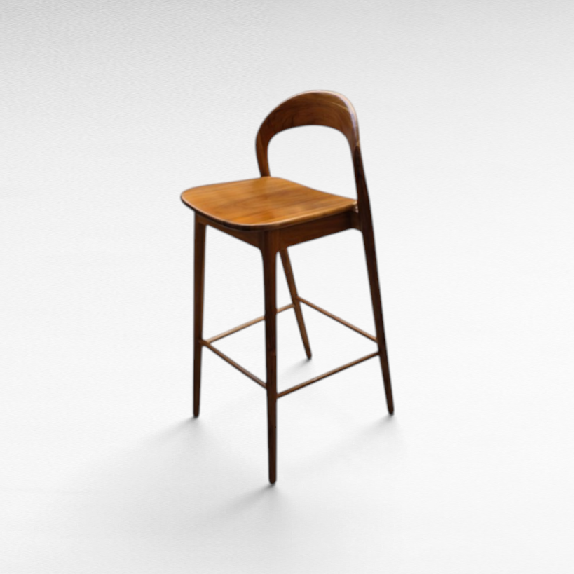 Chora Barefoot Luxury Living teak wood bar stool with a curved backrest and minimalist design on a white background