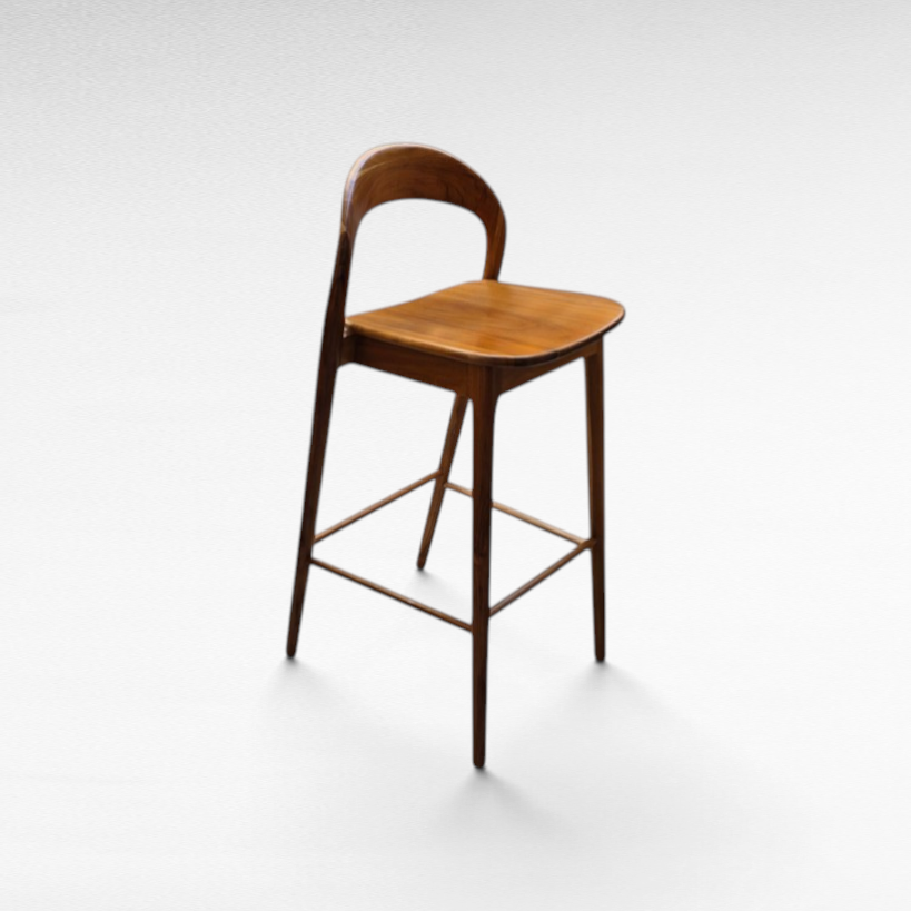 Chora Barefoot Luxury Living teak wood bar stool with a curved backrest and minimalist design on a white background