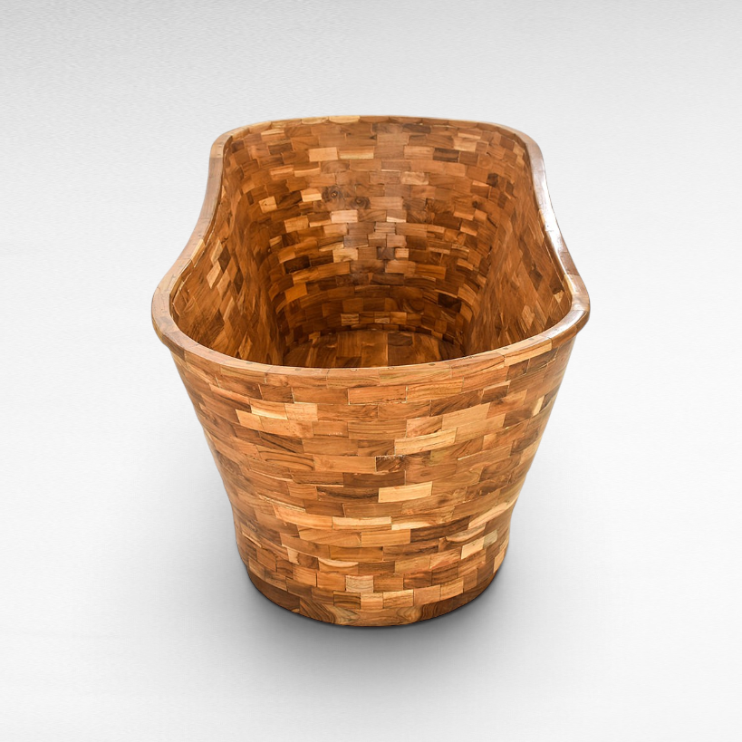 Chora Barefoot Luxury Living teak wood bathtub with a mosaic tile pattern in a natural warm brown finish