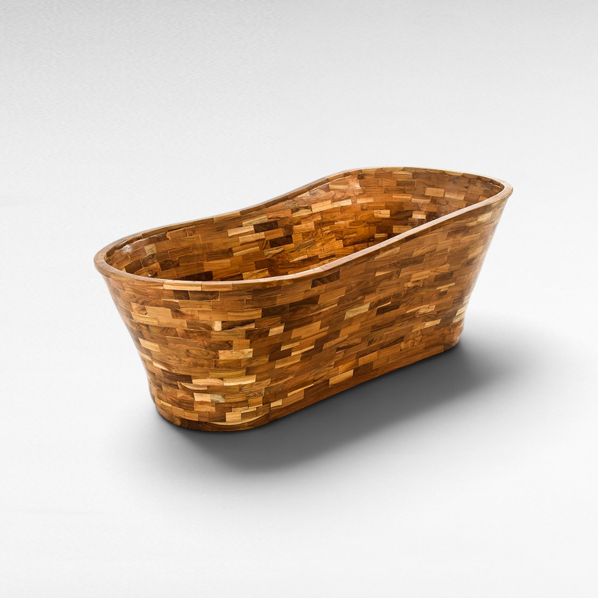 Chora Barefoot Luxury Living teak wood bathtub with a unique mosaic tile pattern in a natural brown finish