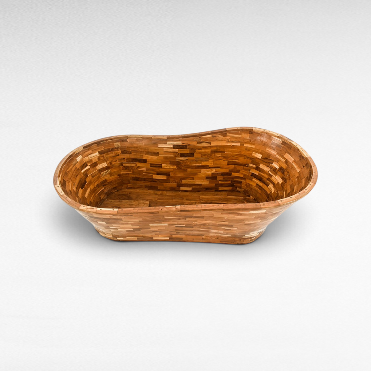 Chora Barefoot Luxury Living teak wood bathtub with a mosaic tile pattern in a natural brown finish