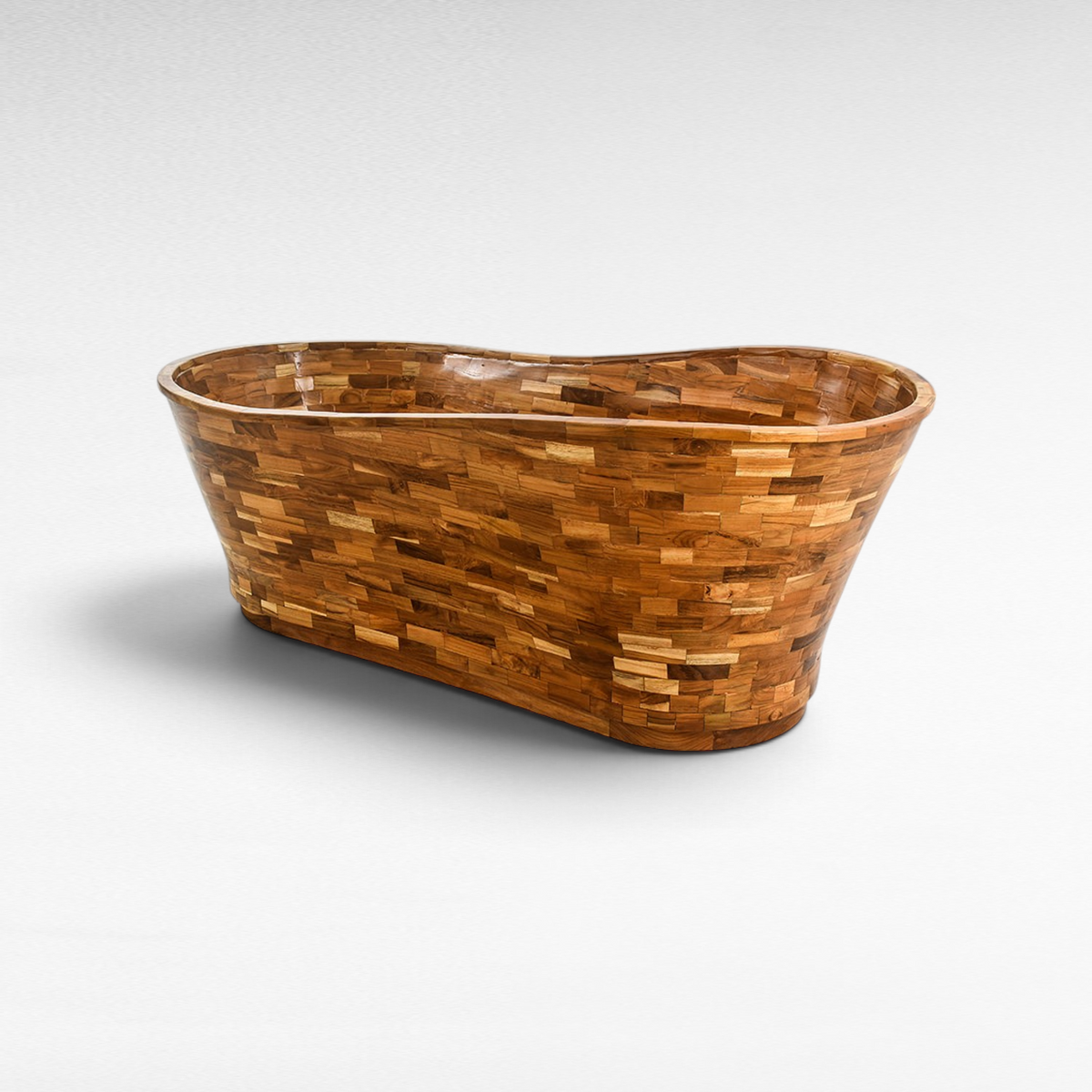 Chora Barefoot Luxury Living teak wood bathtub with a unique mosaic tile pattern and organic oval shape.