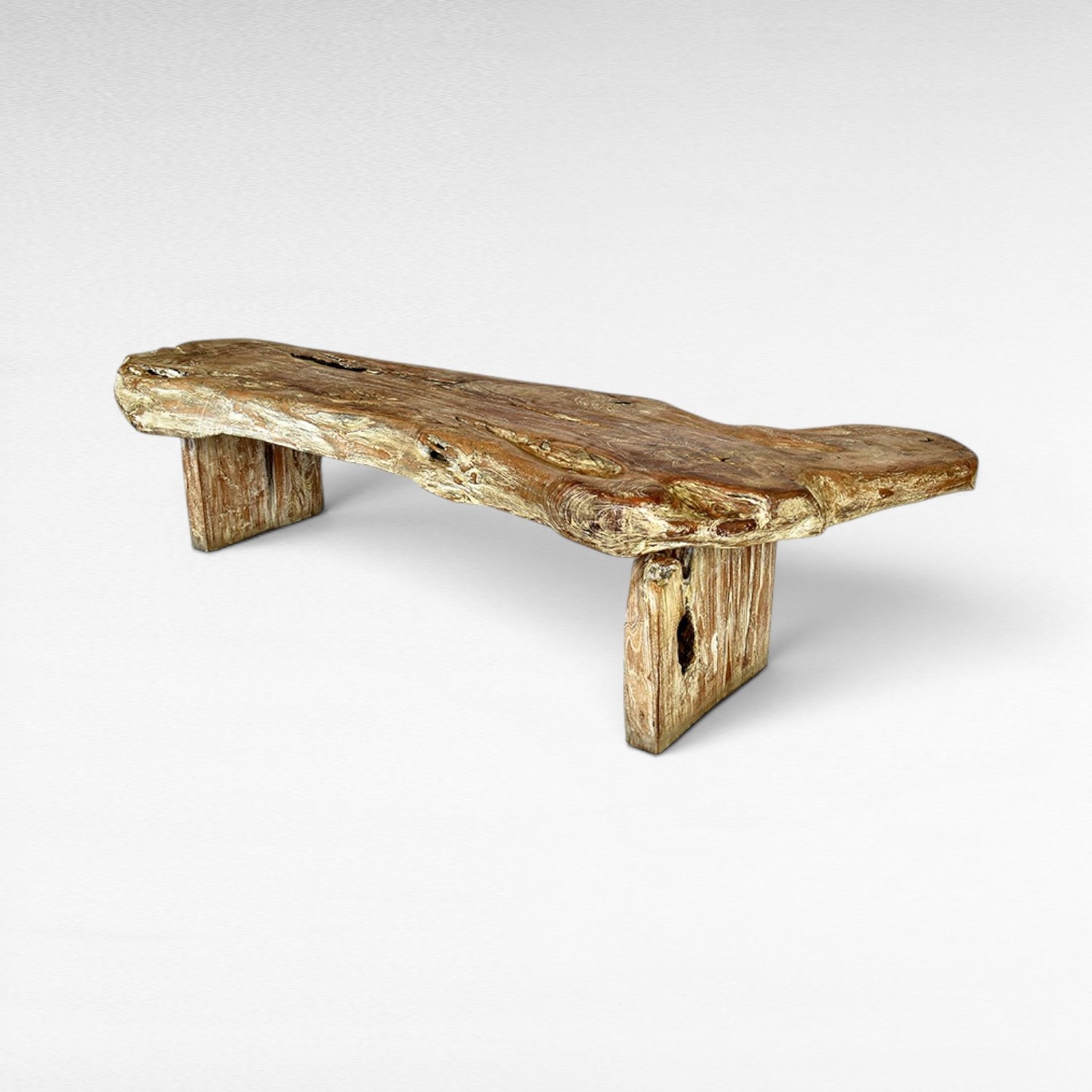 Chora Barefoot Luxury Living rustic teak wood bench with natural wood grain and weathered finish, perfect for entryway or living room.