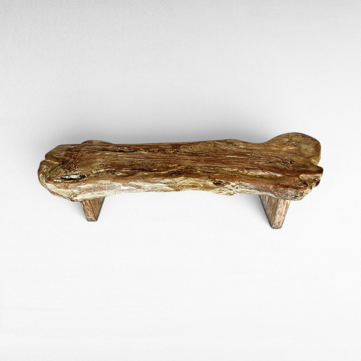 Chora Barefoot Luxury Living rustic teak wood bench with natural wood grain and distressed finish.