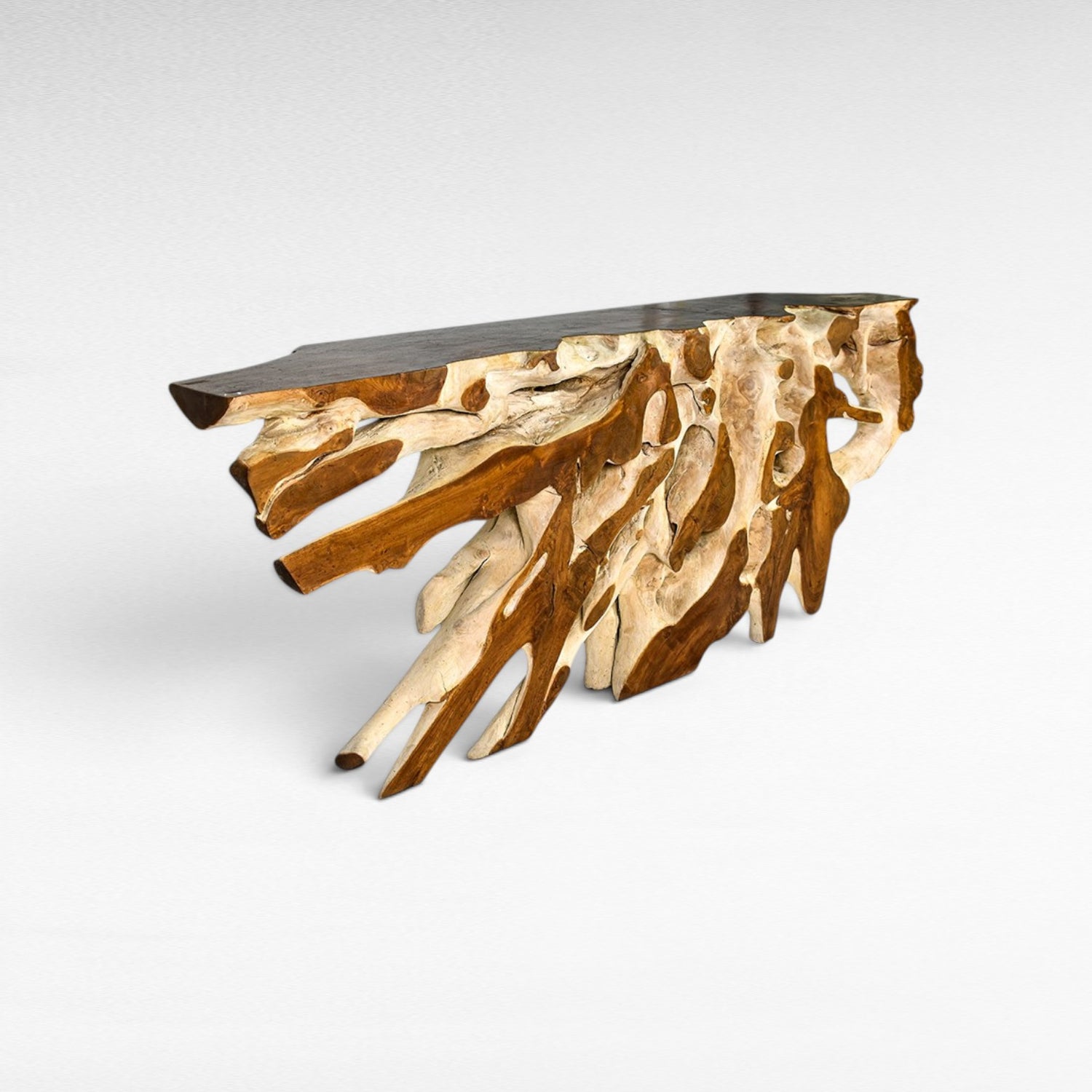 Chora Barefoot Luxury Living bleached and natural teak wood console table with organic root base.