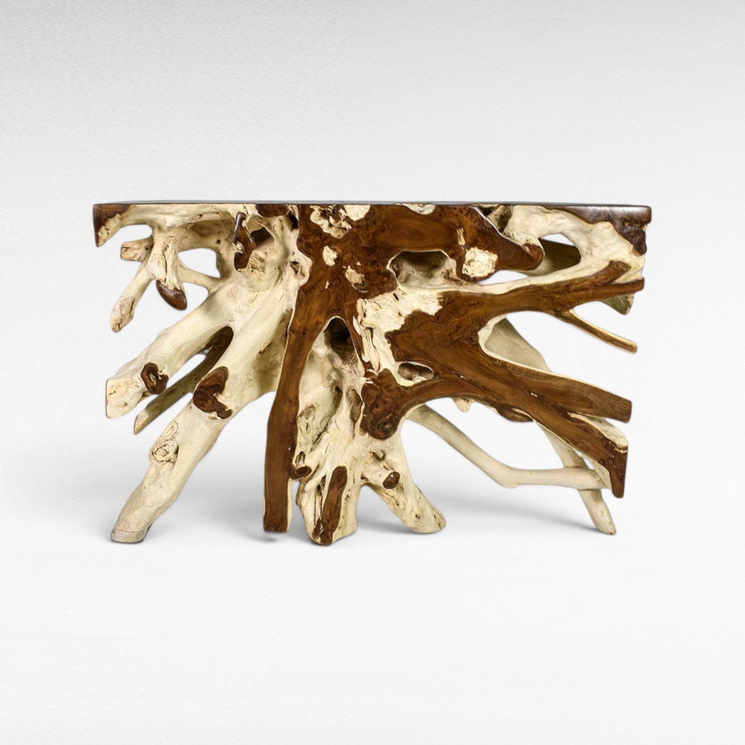 Chora Barefoot Luxury Living bleached and natural teak wood console table with organic root base.