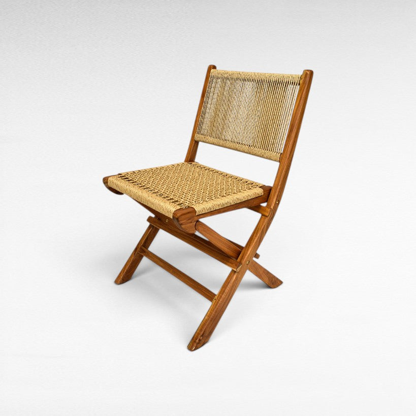 Chora Barefoot Luxury Living teak wood folding dining chair with woven seat and backrest