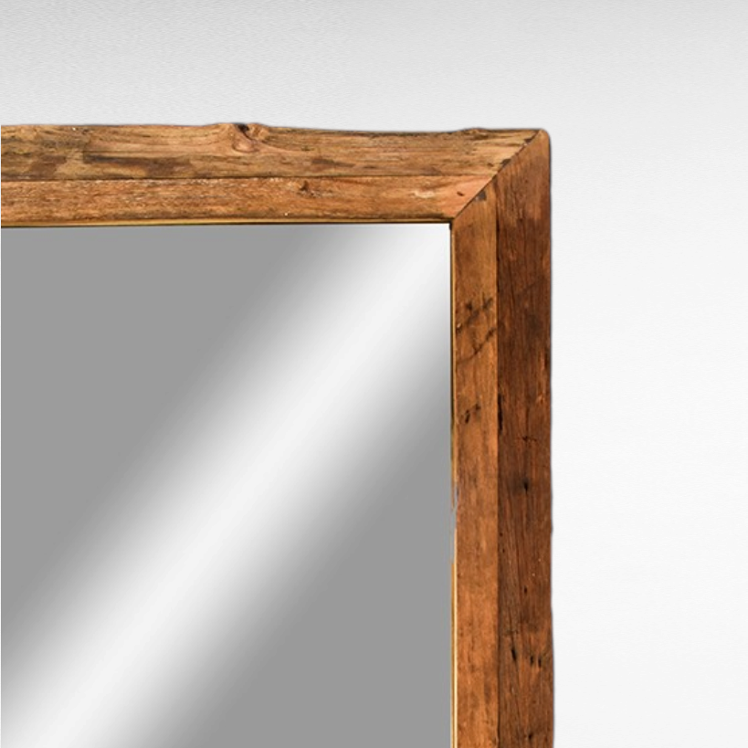 Chora Barefoot Luxury Living rectangular wall mirror with a rustic reclaimed teak wood frame and natural grain texture