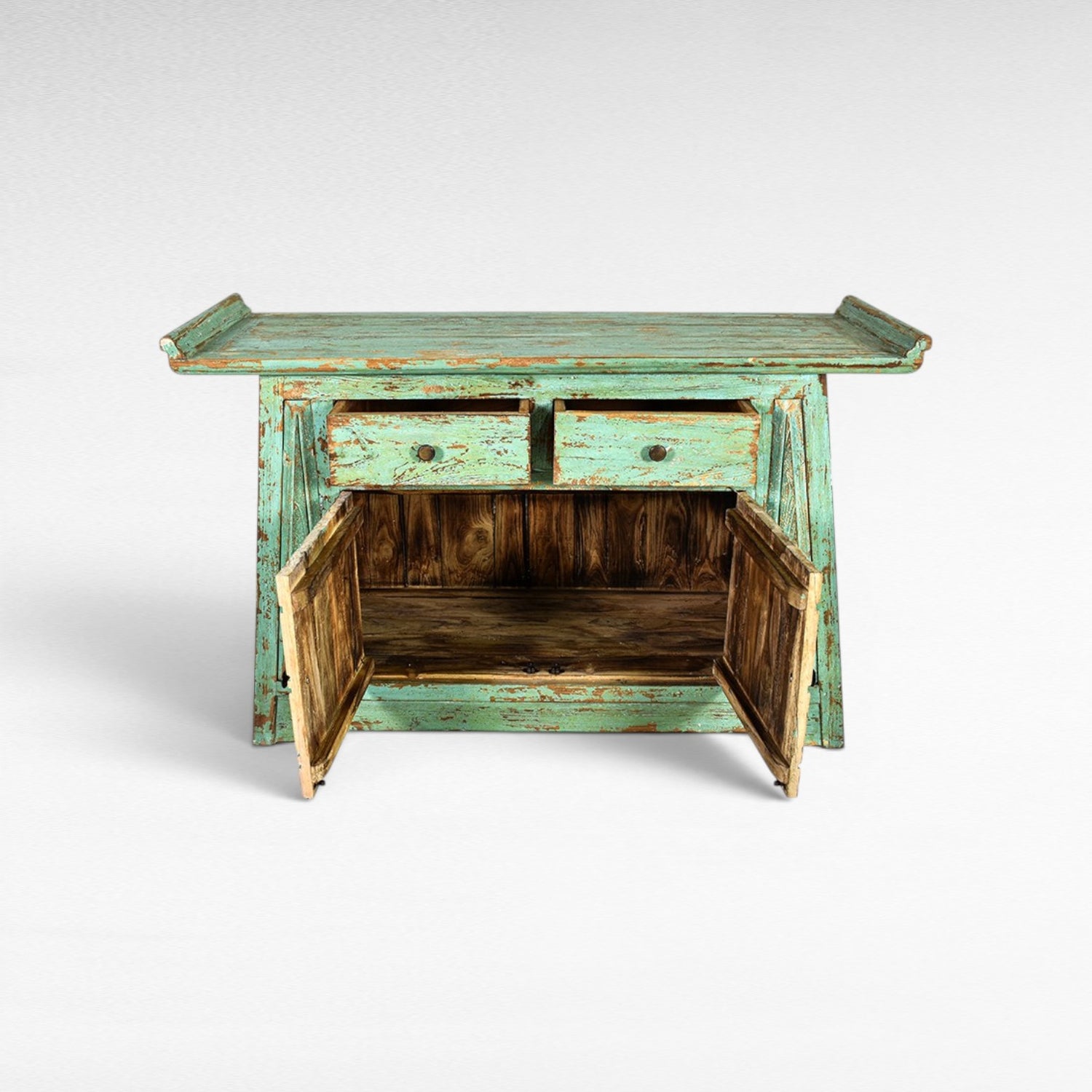 Chora Barefoot Luxury Living distressed teal wooden buffet with two drawers and two cabinet doors, W130 D45 H85 cm