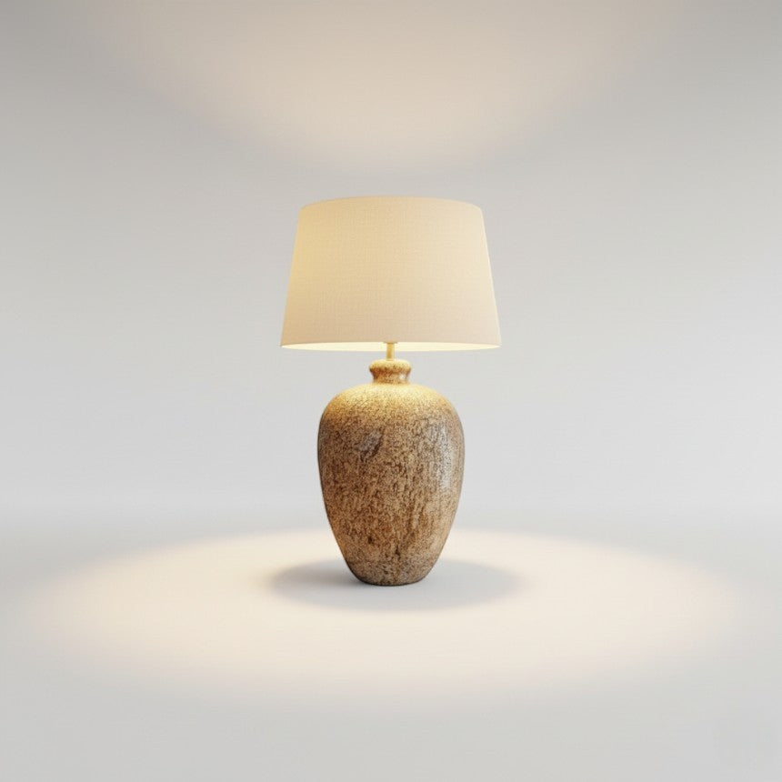 Chora Barefoot Luxury Living terracotta beige table lamp with textured base and cream shade, ideal for living rooms or bedrooms.