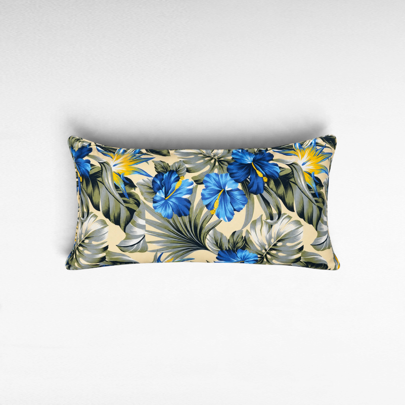 Chora Barefoot Luxury Living hand-painted cotton pillow with vibrant blue hibiscus and tropical leaf pattern.
