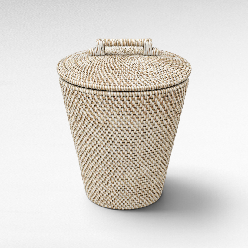 Chora Barefoot Luxury Living washed brown bamboo basket with a woven lid and handle, 25cm diameter and 33cm height.