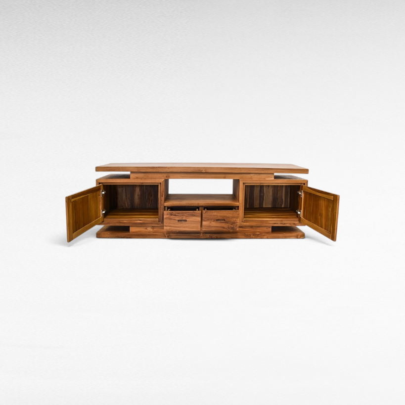Chora Barefoot Luxury Living wooden buffet cabinet with open doors and drawers, featuring a modern minimalist design.