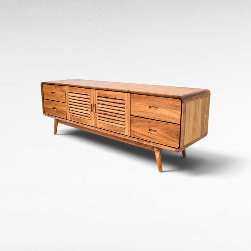 Chora Barefoot Luxury Living contemporary wooden buffet with slatted cabinet doors and four drawers on tapered legs.