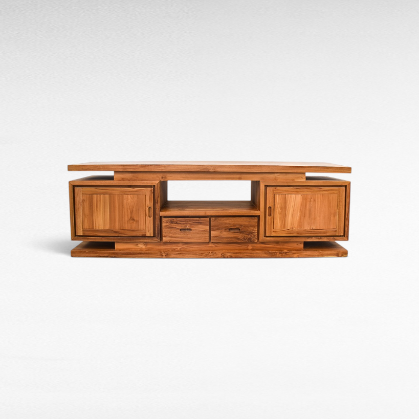 Chora Barefoot Luxury Living wooden buffet cabinet with two side cupboards, two central drawers, and an open shelf.