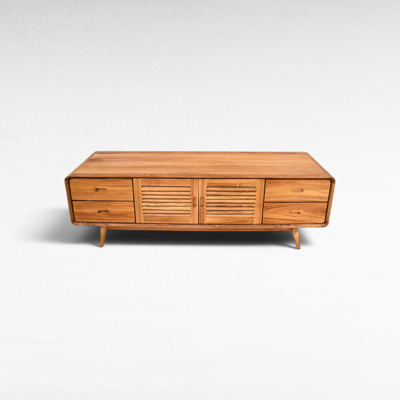Chora Barefoot Luxury Living wooden buffet with slatted cabinet doors and four drawers in a contemporary design.