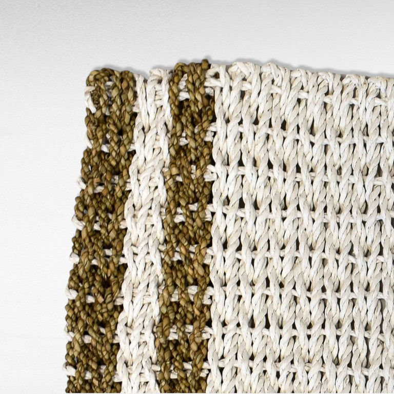 Chora Barefoot Luxury Living woven natural fiber rug with alternating white and olive green stripes, 40 cm diameter.