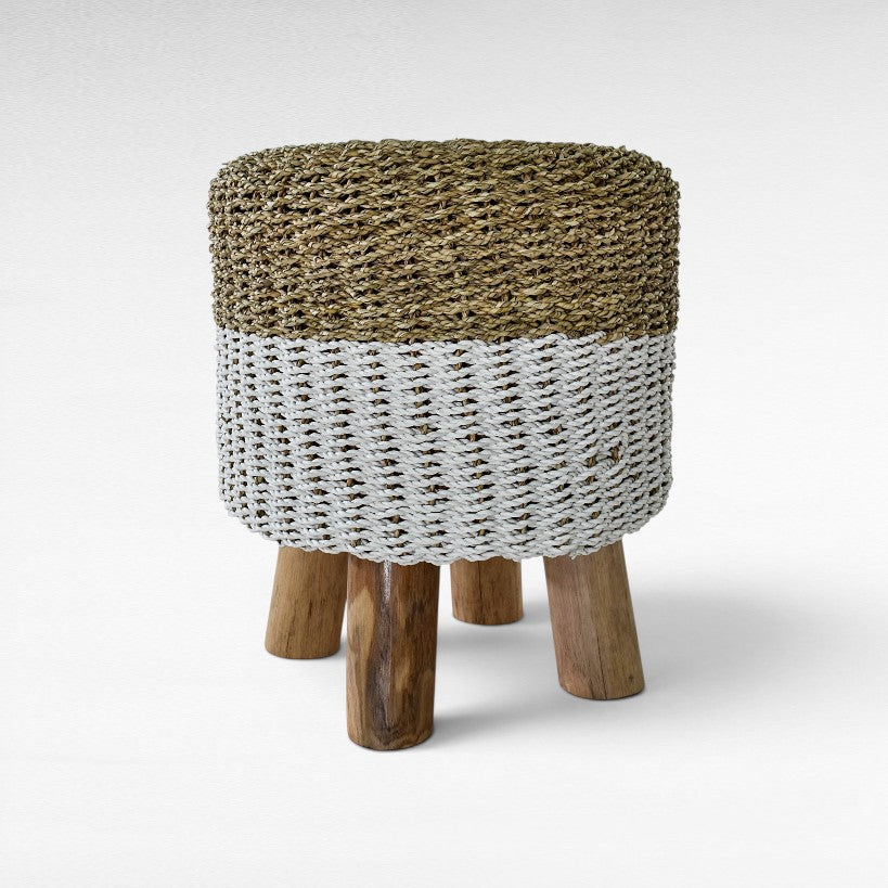 Chora Barefoot Luxury Living round stool with a woven natural and white rope seat on three sturdy wooden legs.