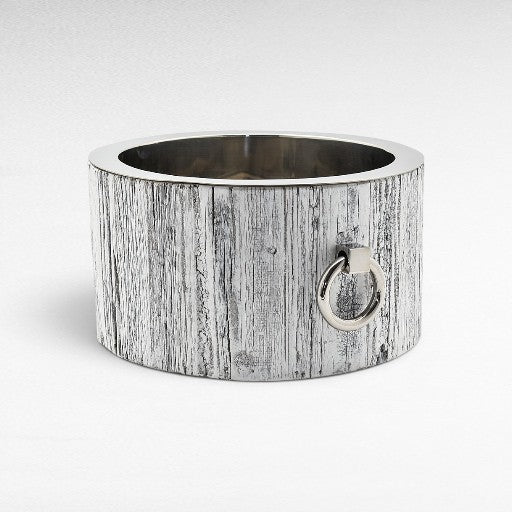Chora Barefoot Luxury Living large white wood-look ice bucket with silver nickel ring handle and trim