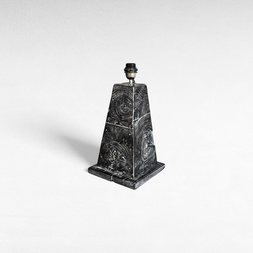 Chora Barefoot Luxury Living teak wood table lamp with a textured black finish and a square base. Unique wood grain pattern.