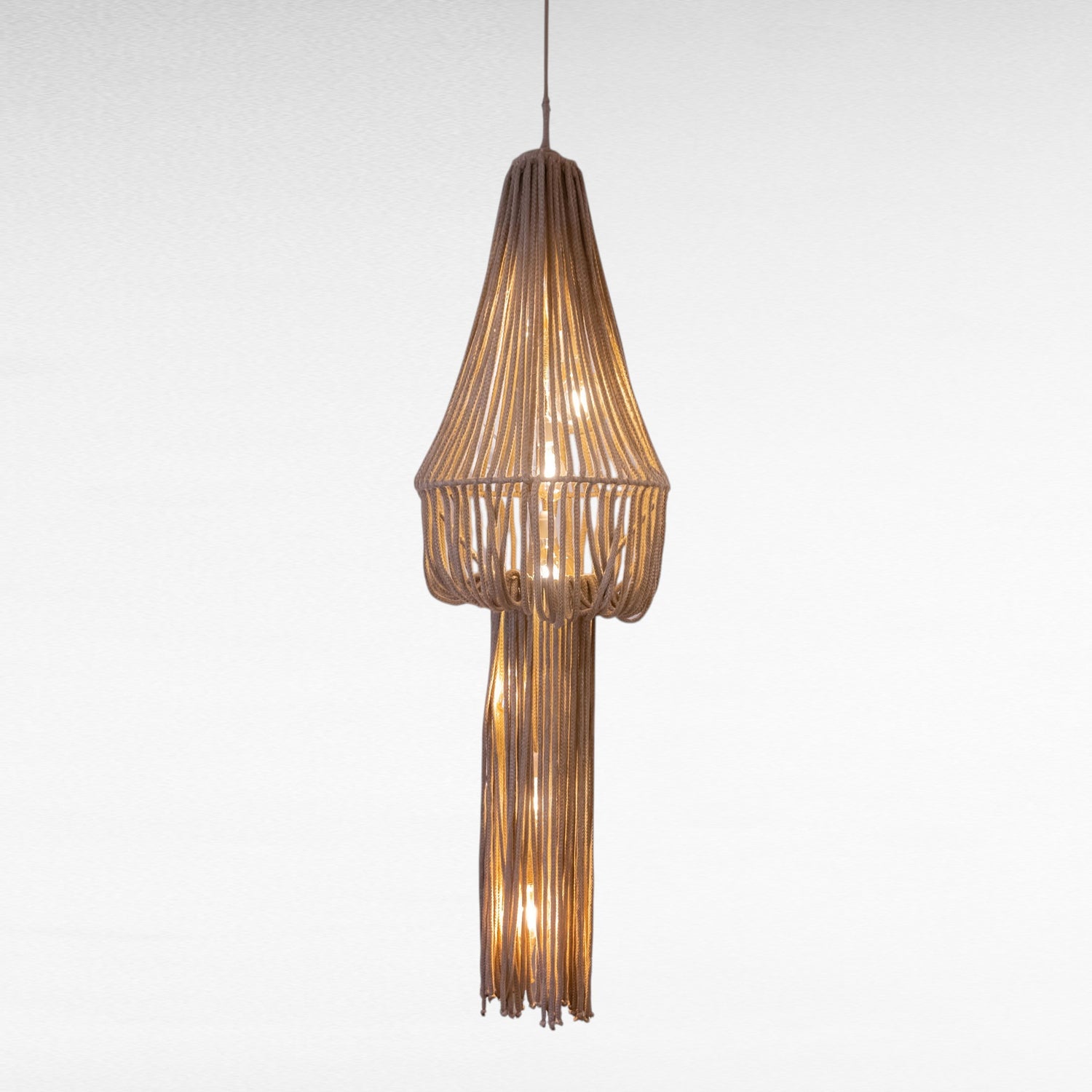 Chora Barefoot Luxury Living natural rope chandelier pendant light with tiered fringe detail