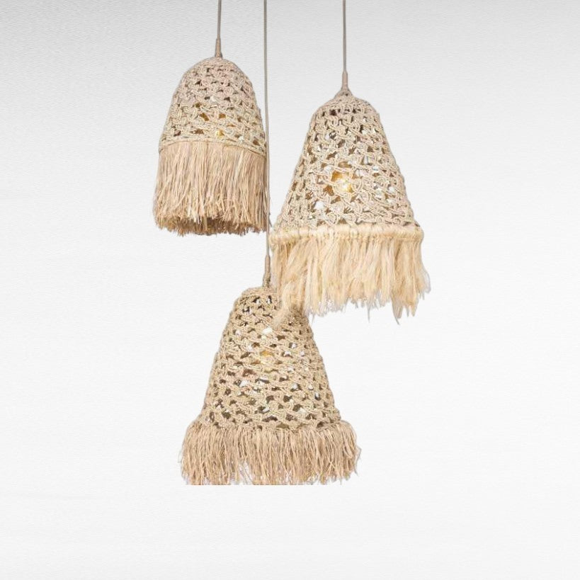 Chora Barefoot Luxury Living natural rattan and rice pendant light with fringe detail