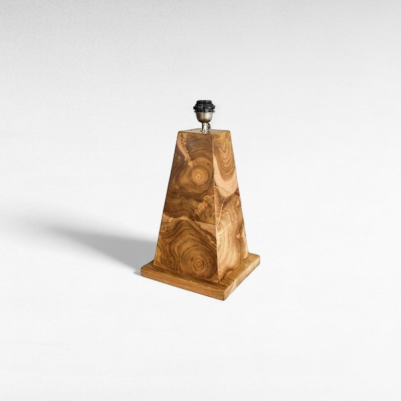 Chora Barefoot Luxury Living natural teak wood table lamp with unique grain patterns and rustic elegance.