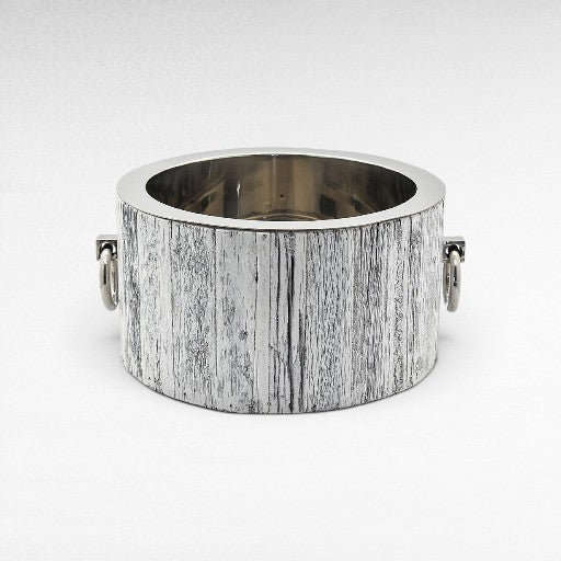 Chora Barefoot Luxury Living large round white ice bucket with silver nickel finishing and ring handles, textured wood-like exterior.