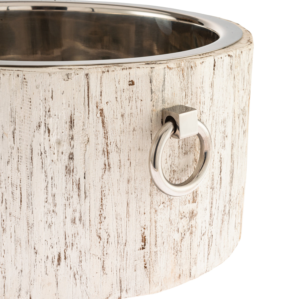 Chora Barefoot Luxury Living extra large round ice bucket in distressed white wood with silver nickel ring handle and stainless steel interior.