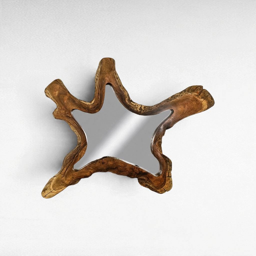 Chora Barefoot Luxury Living teak wood mirror with a unique organic star-shaped frame and natural wood grain finish.