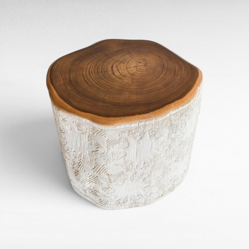BLEACHED TEAK WOOD CARVED SIDE TABLE W40 |D40 |H40 CM