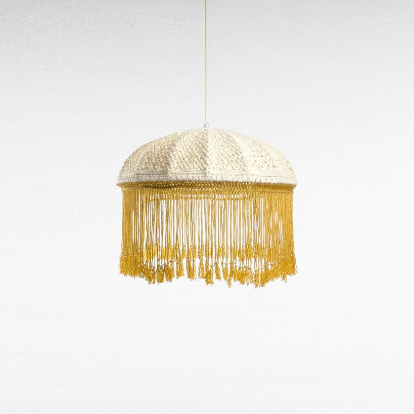 OFF WHITE ROPE PENDANT LIGHT WITH GOLD TASSELS