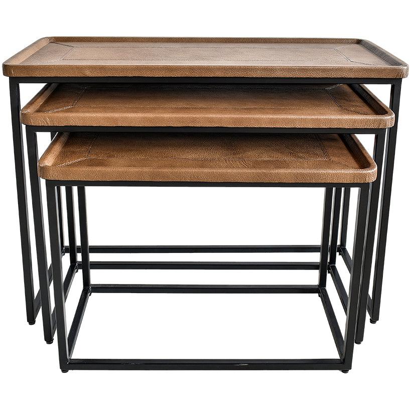 NESTING TABLE LEATHER IN BROWN FINISH SET OF 3 - Chora Mykonos