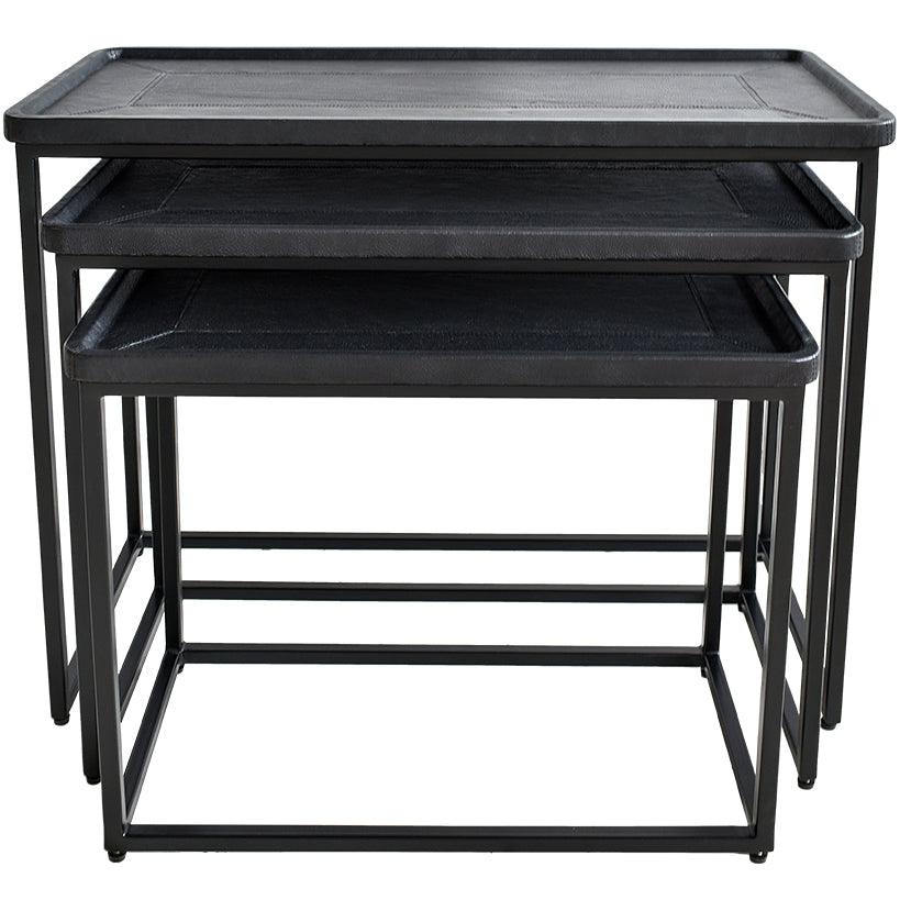 IRON/LEATHER NESTING TABLE SET OF 3 IN BLACK FINISH 82x60x60cm - Chora Mykonos