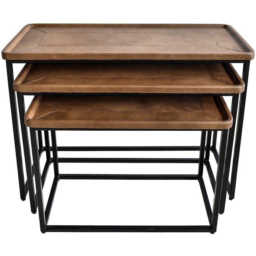 NESTING TABLE LEATHER IN BROWN FINISH SET OF 3 - Chora Mykonos