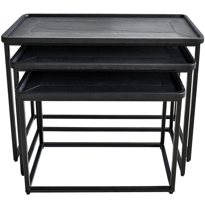IRON/LEATHER NESTING TABLE SET OF 3 IN BLACK FINISH 82x60x60cm - Chora Mykonos