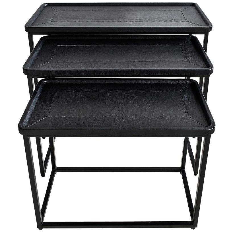 IRON/LEATHER NESTING TABLE SET OF 3 IN BLACK FINISH 82x60x60cm - Chora Mykonos