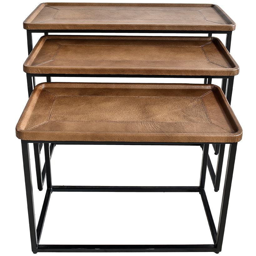 NESTING TABLE LEATHER IN BROWN FINISH SET OF 3 - Chora Mykonos