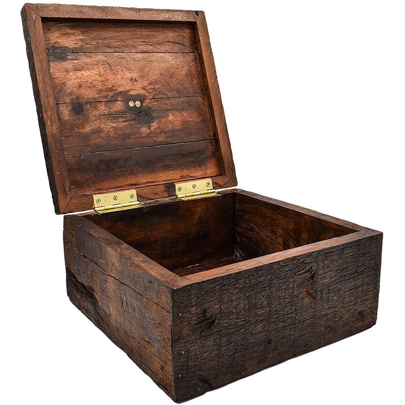 ROUGH WOOD SQ. BOX WITH ANT. BRASS 33x33x17,5cm - Chora Mykonos