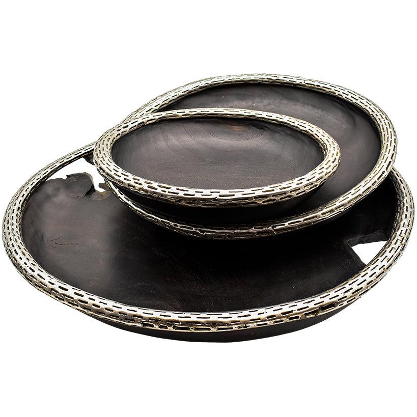 SET OF 3 DECOR TRAYS SUAR WOOD BLACK & SILVER - Chora Mykonos