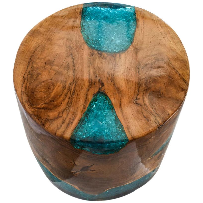 SIDE TABLE/STOOL TEAK WOOD NATURAL & BLUE RESIN 40x40x37cm Chora Mykonos