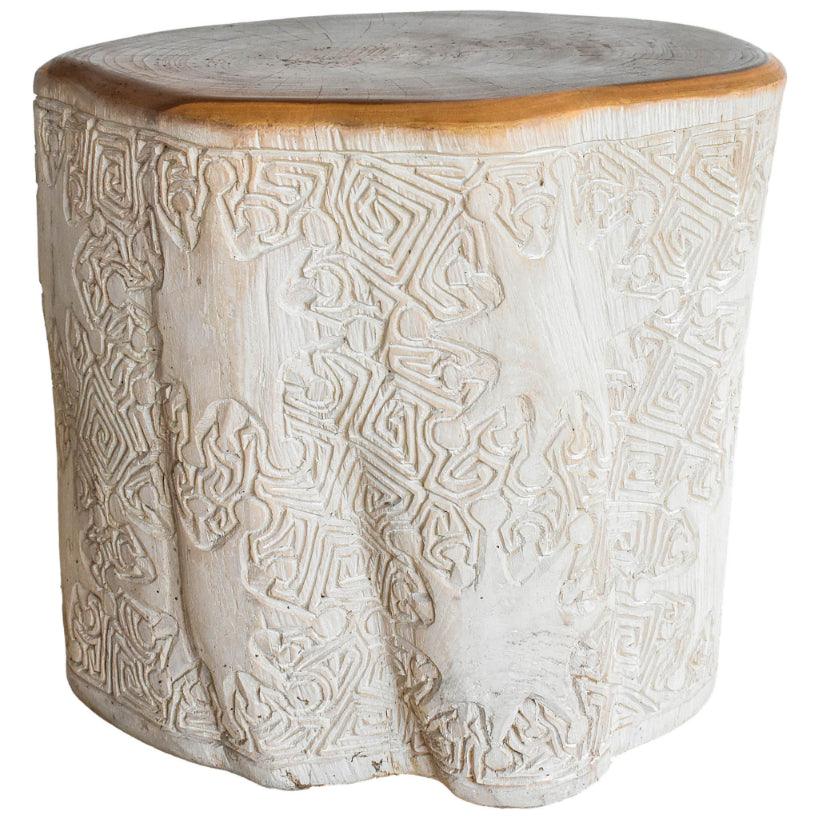 BLEACHED TEAK WOOD CARVED SIDE TABLE W40 |D40 |H40 CM