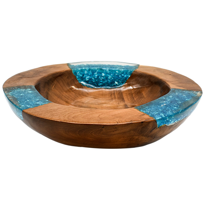 TEAK HALF  CLEAR RESIN BLUE GLASS BOWL 35CM