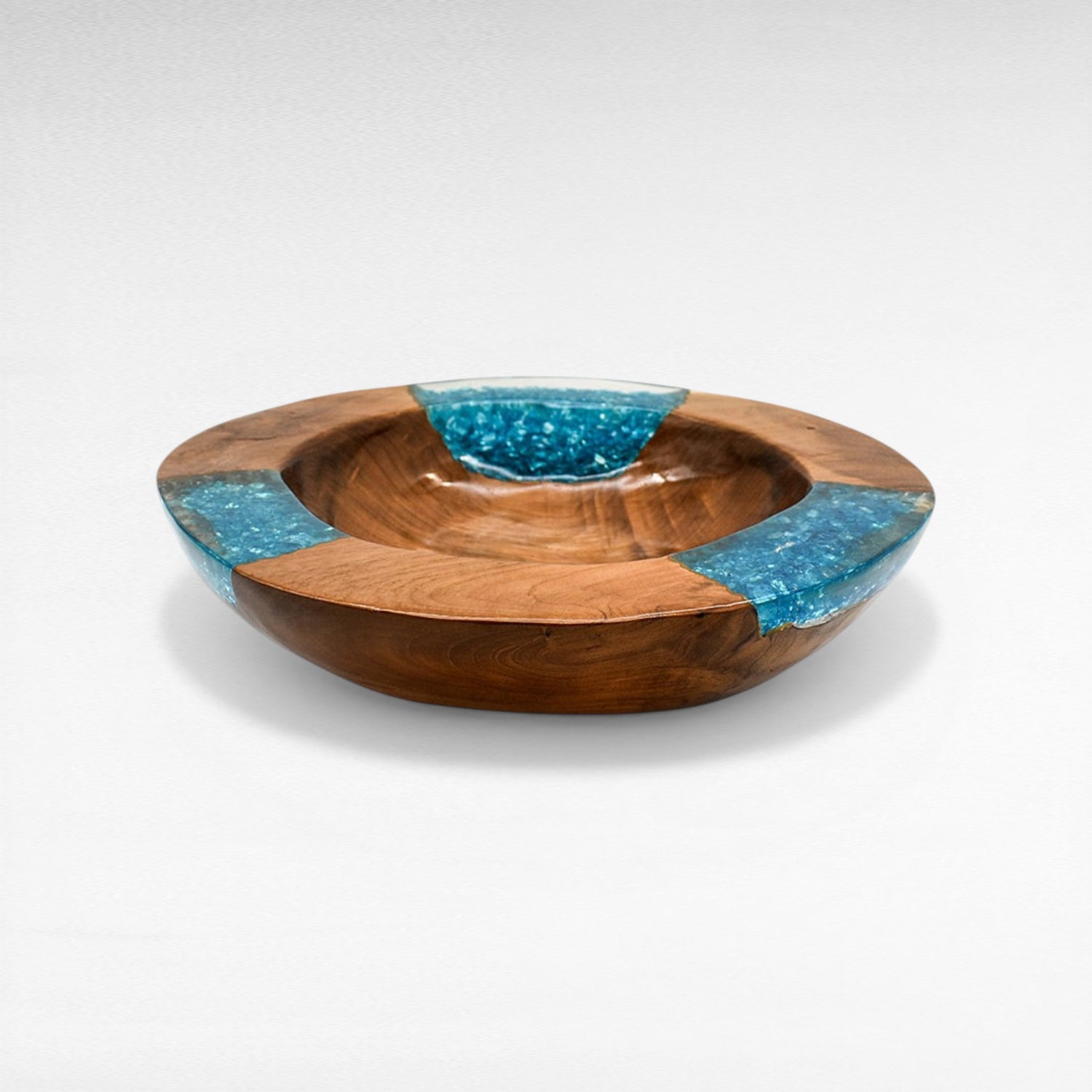 TEAK HALF  CLEAR RESIN BLUE GLASS BOWL 35CM