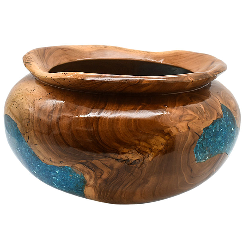 TEAK WOOD CLEAR RESIN HALF BLUE GLASS BOWL 35 CM