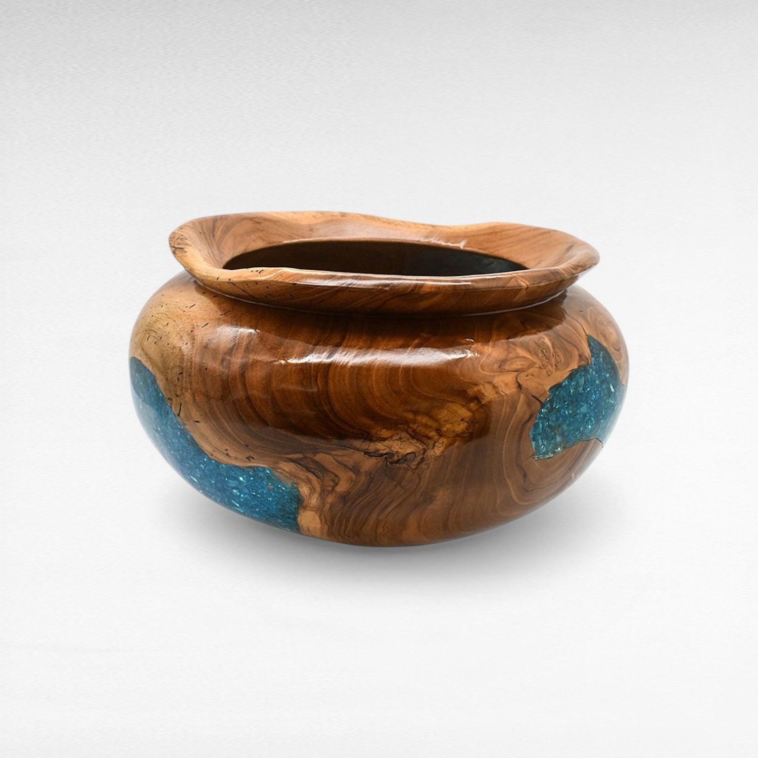 TEAK WOOD CLEAR RESIN HALF BLUE GLASS BOWL 35 CM