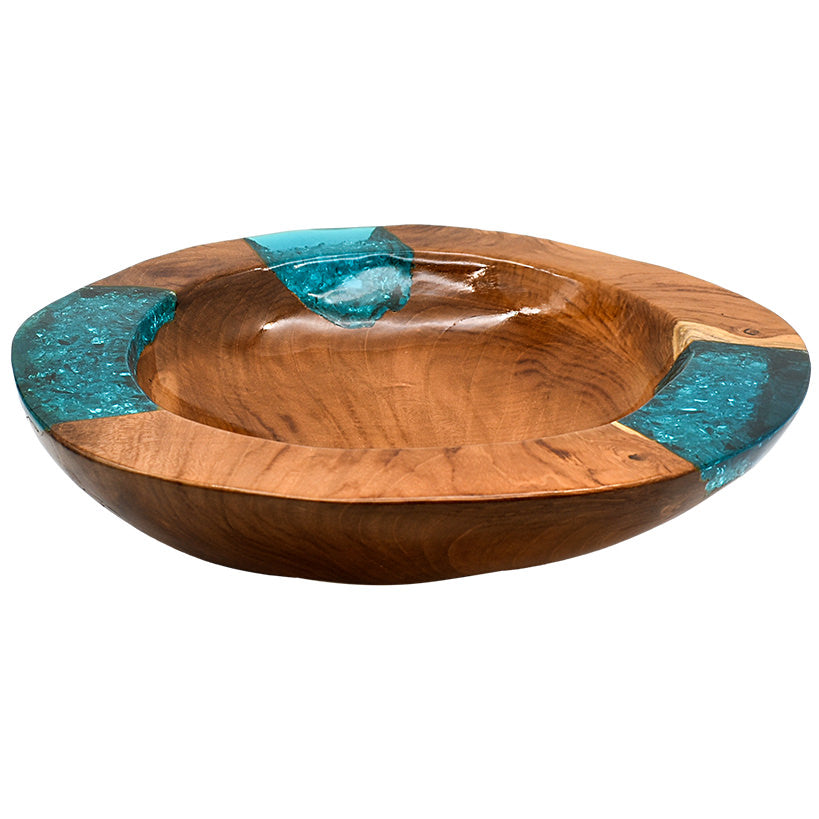 TEAK WOOD & HALF TURQUOISE RESIN CLEAR GLASS BOWL 35 CM